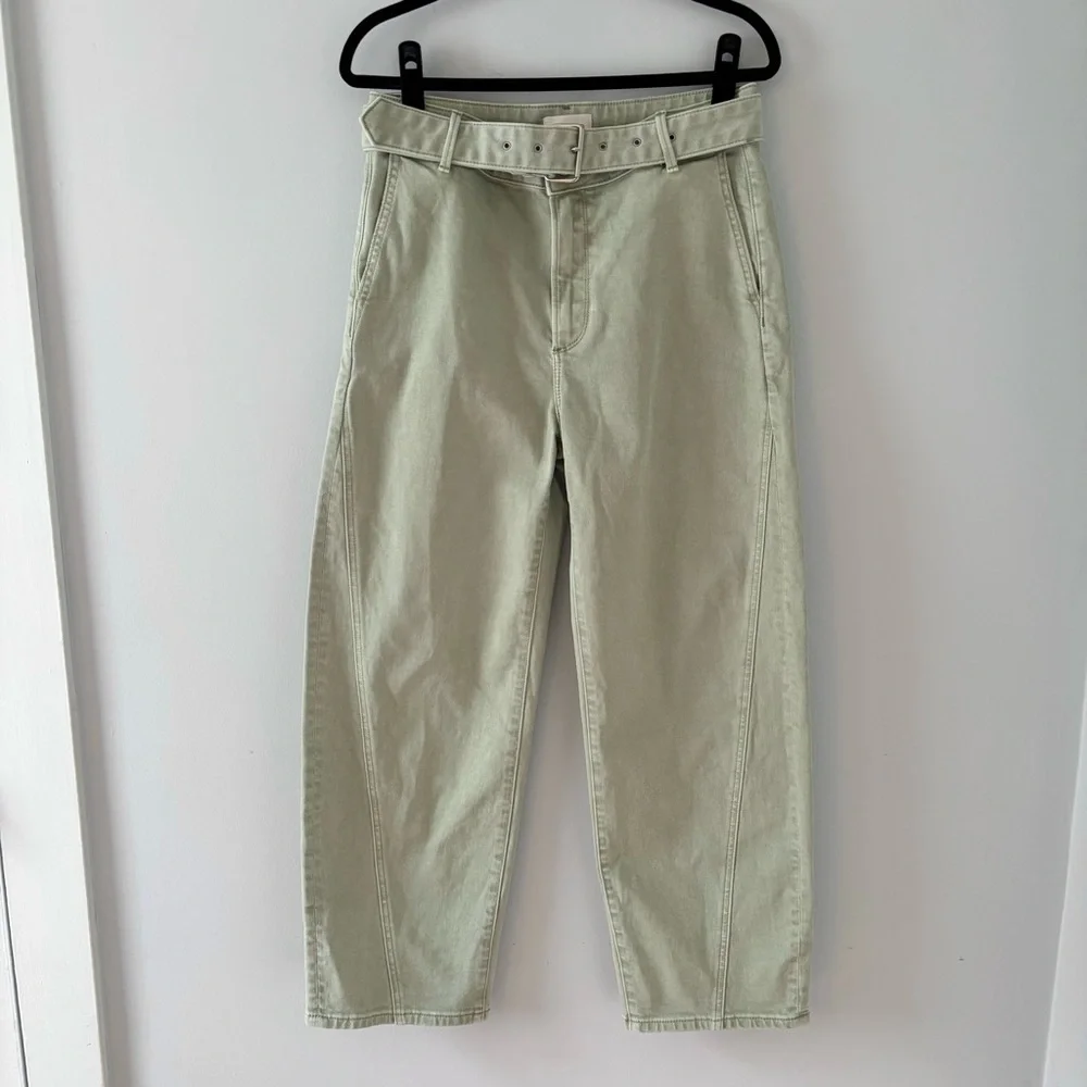 EUC Driftwood Spencer Barrel Leg Pants Jeans Denim Belted Structured Green Sz 28